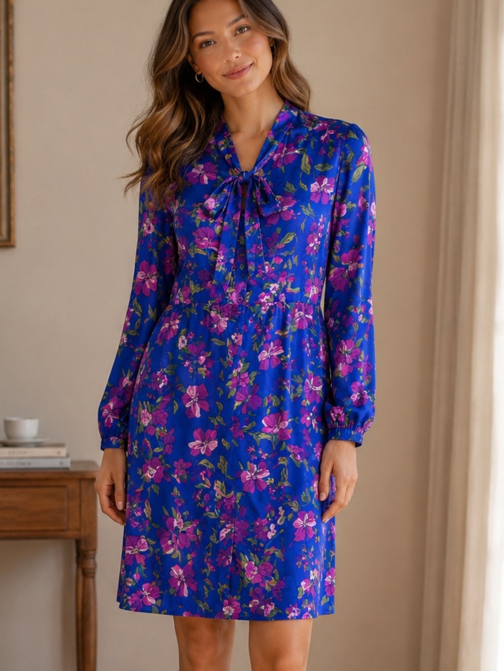 XL Emma & Michele Royal Blue Floral Tie-Neck Dress